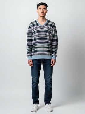 Daniele Alessandrini Men's Striped V-Neck Sweater — linen blend — large